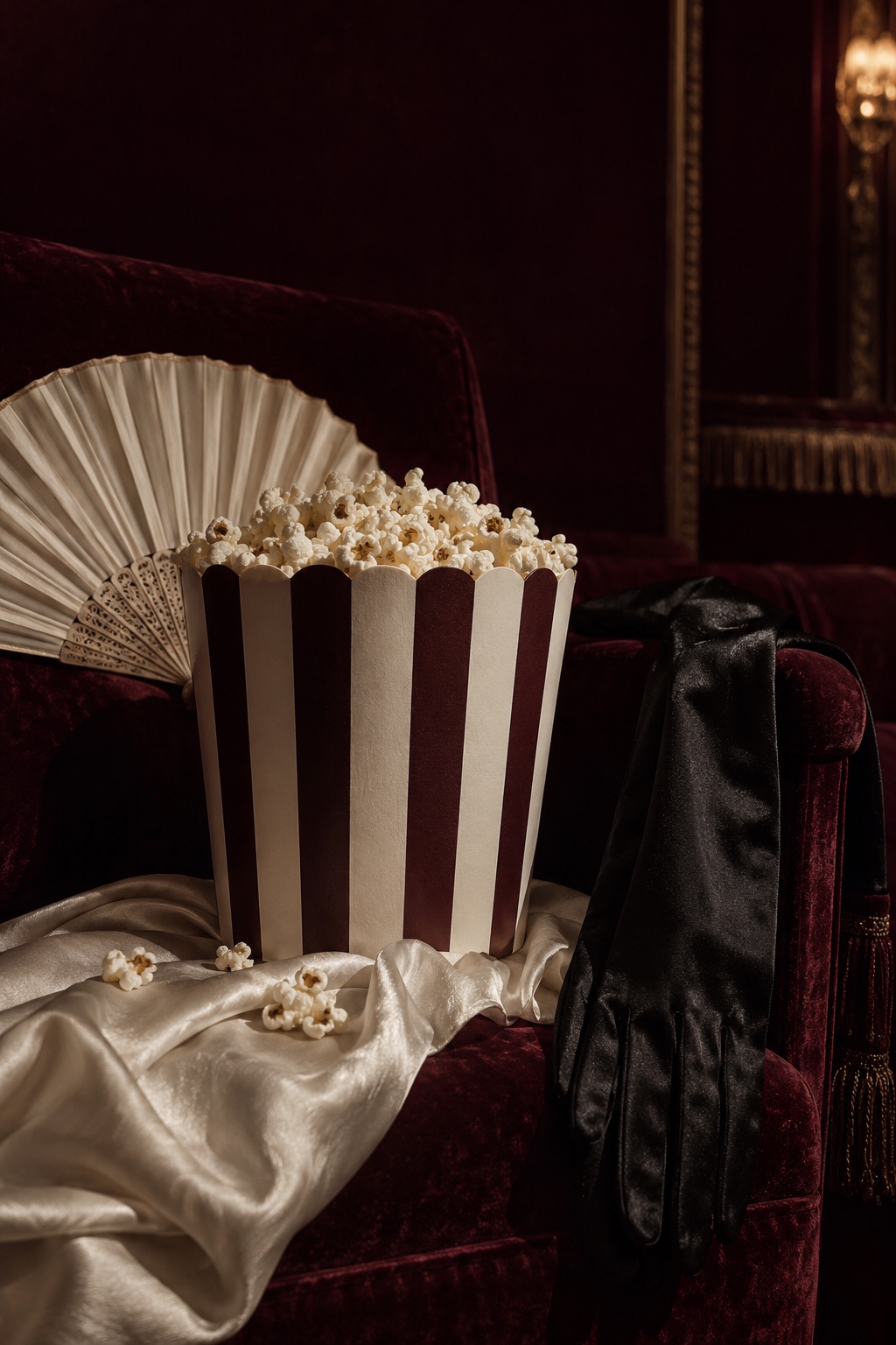 A white and burgundy striped popcorn cornet, an ivory fan and an opera glove on a velvet theatre seat
