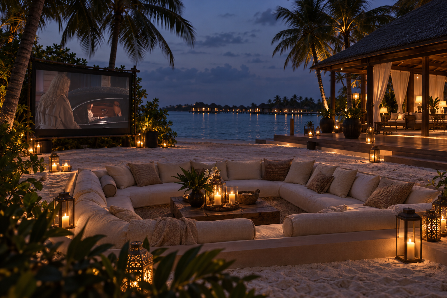 An empty private divan lounge at a luxury island resort after sunset, with a discreet projection of Paris Has Bad Manners