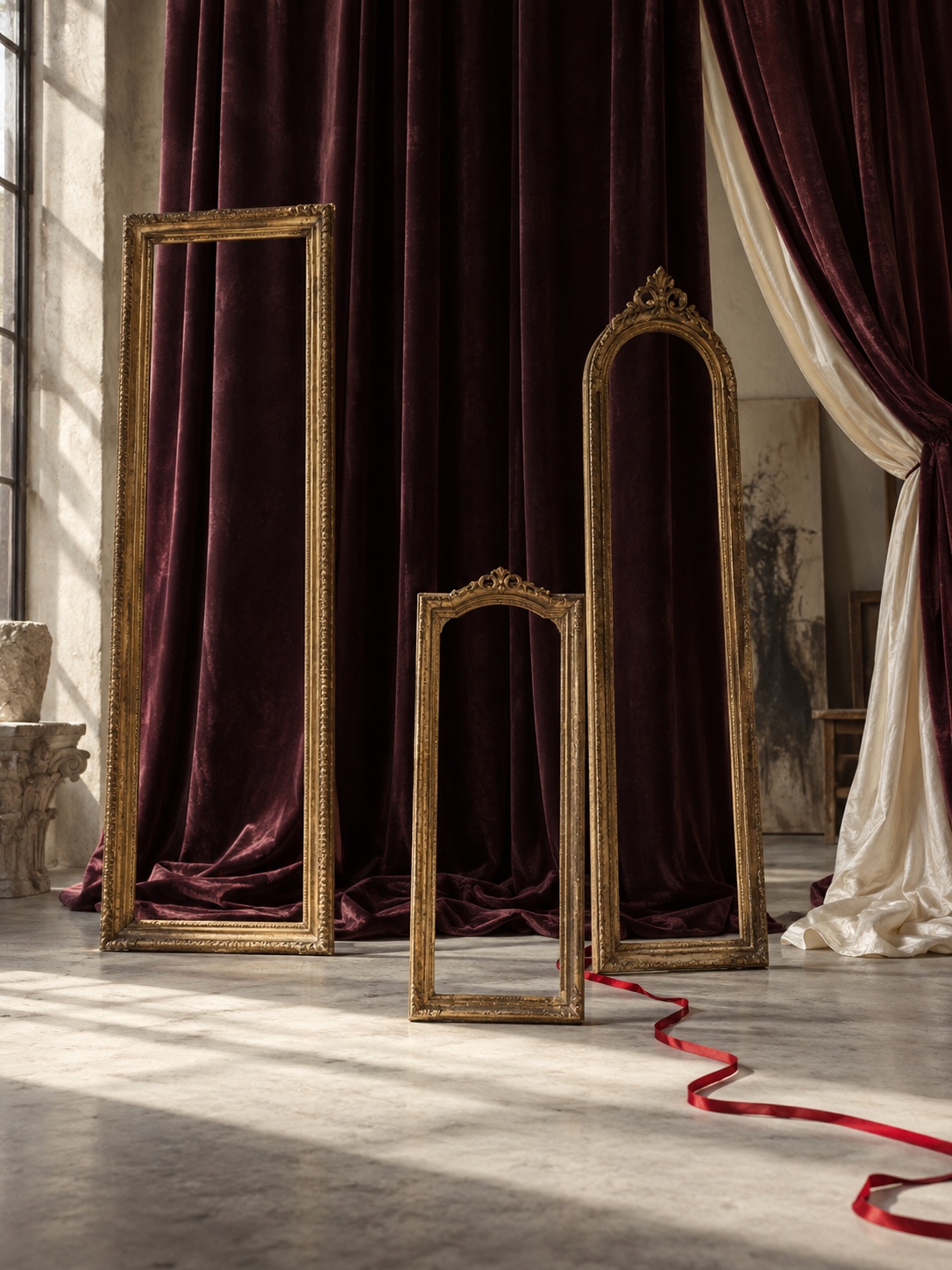 Three antique gilded frames against burgundy velvet and ivory silk in a theatrical atelier