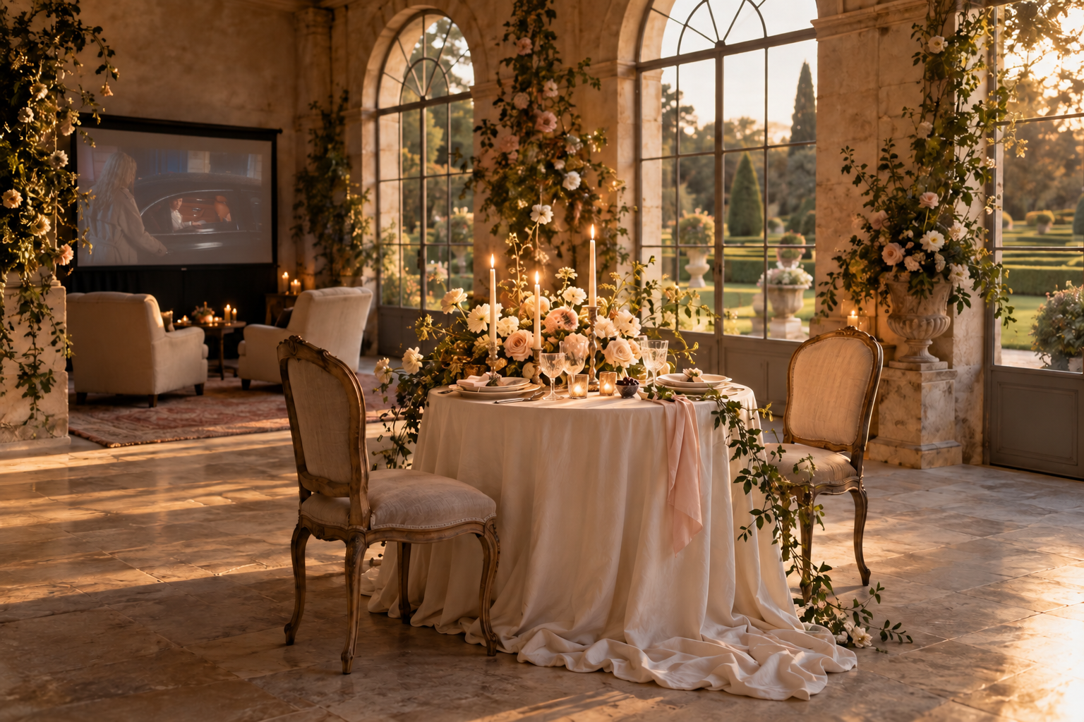 An imagined French château salon at dusk, with a candlelit table for two and a private screening room beyond